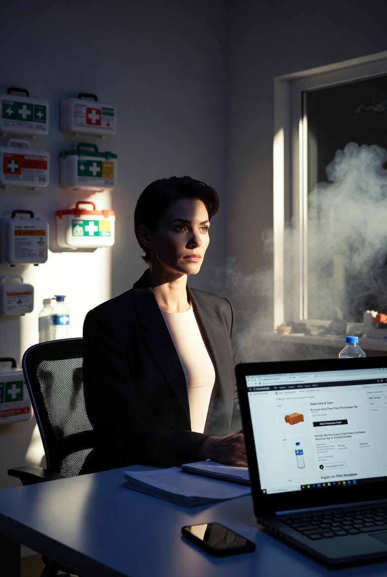 Gemini seated at a laptop displaying an Amazon Subscribe and Save order, first-aid kits mounted on the wall behind her