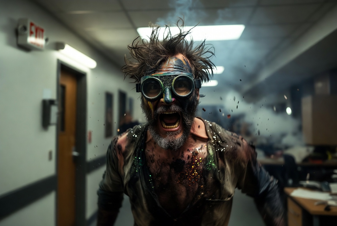 A wild-eyed, glitter-covered man mid-shout, sprinting down a hallway past an EXIT sign as debris flies behind him