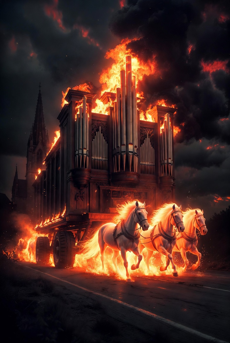 A burning church organ, mounted on a flatbed, pulled down a road by horses wreathed in fire, a cathedral behind it