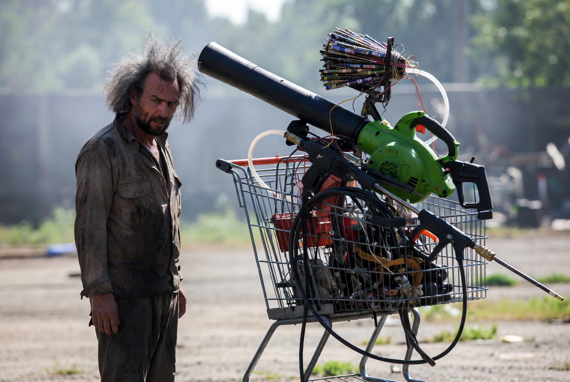 A wild-haired man stands over a shopping cart rigged with a leaf blower, pressure washer hose, and a fan of loaded cassette tapes, studying it warily