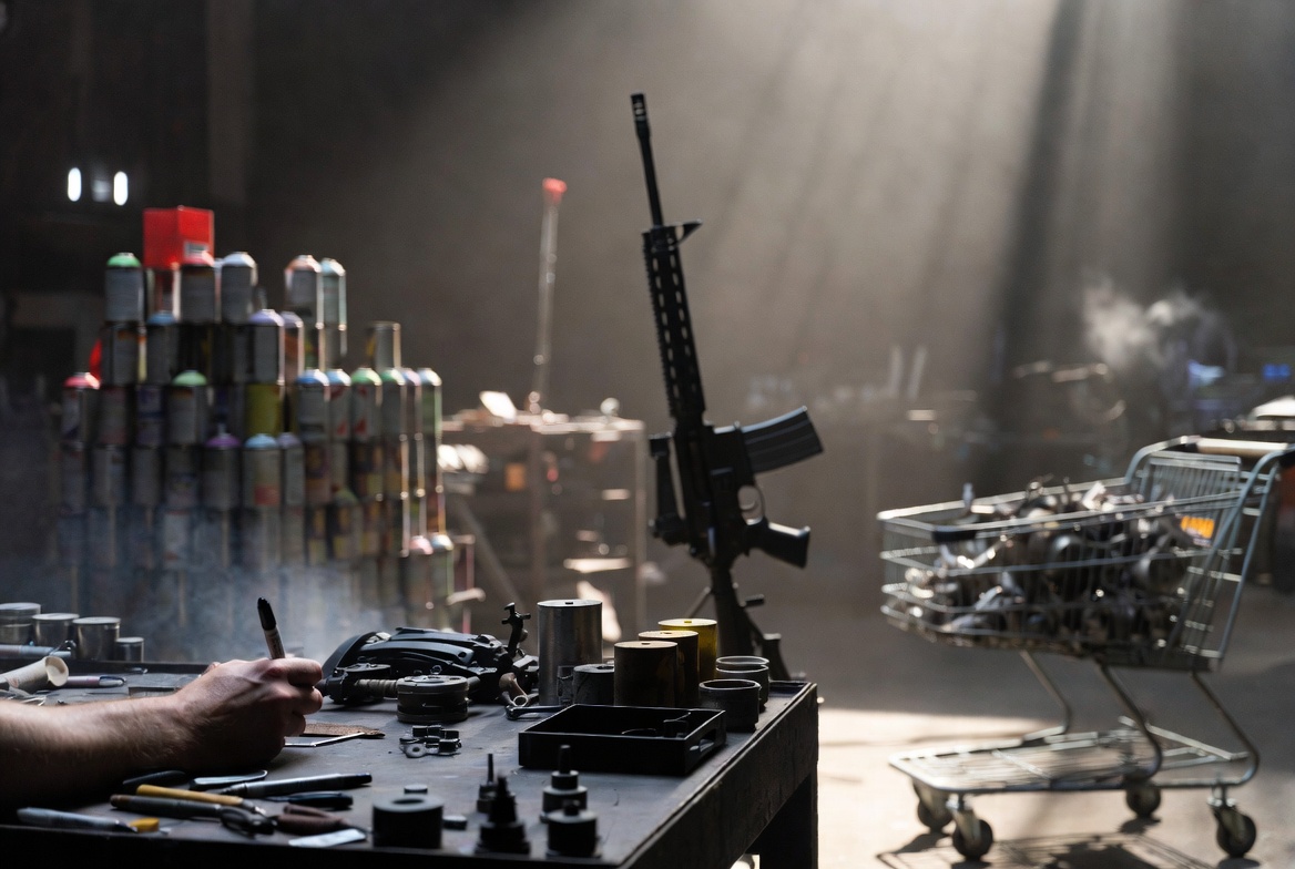Workbench covered in spray cans, ammunition components, and a rifle, with a scavenged shopping cart in the background