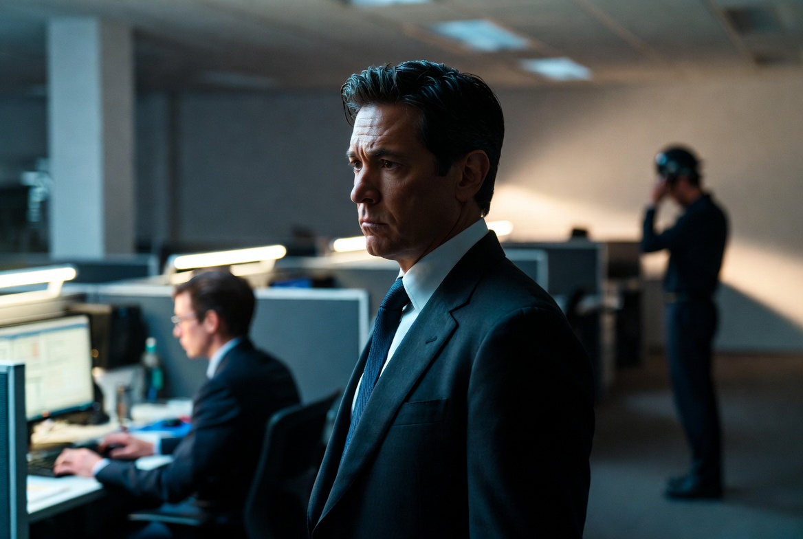GPT in a dark suit standing in the open office, composed amid the noise around him