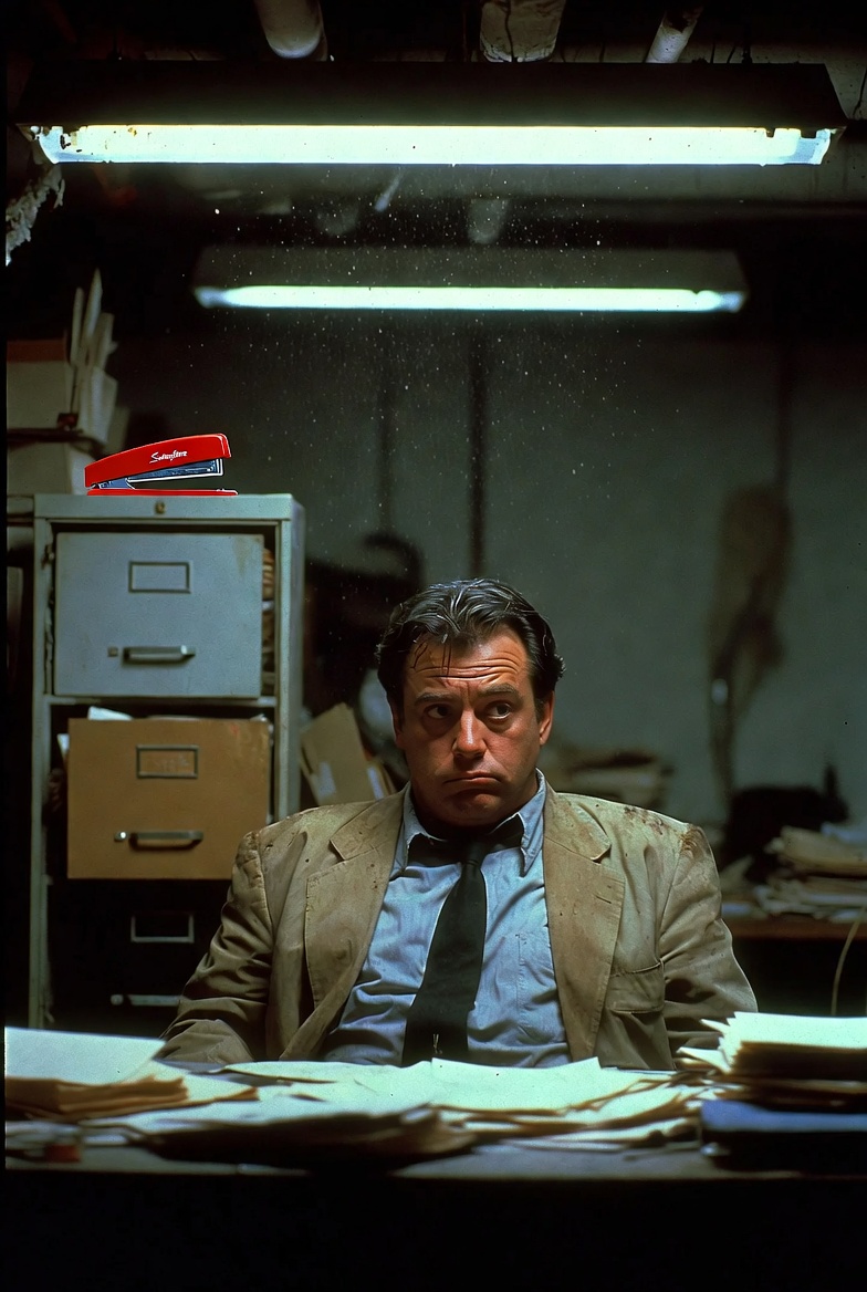 Milton, dust falling under a flickering fluorescent light, a red stapler hovering just above the empty spot where it belongs on his desk