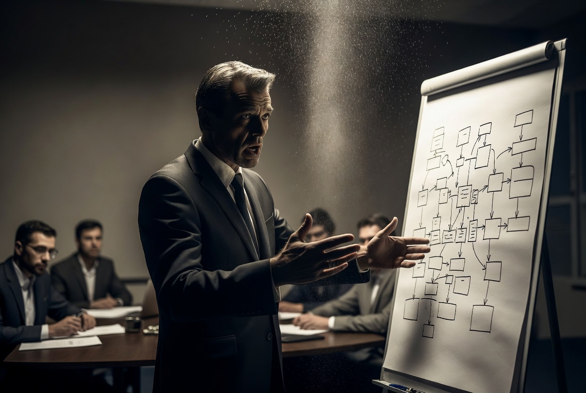 GPT mid-gesture in front of a dense flowchart whiteboard, dust drifting in the light