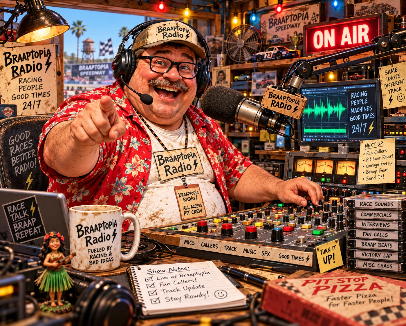 Braaptopia Radio control room with Radio Guy at the board