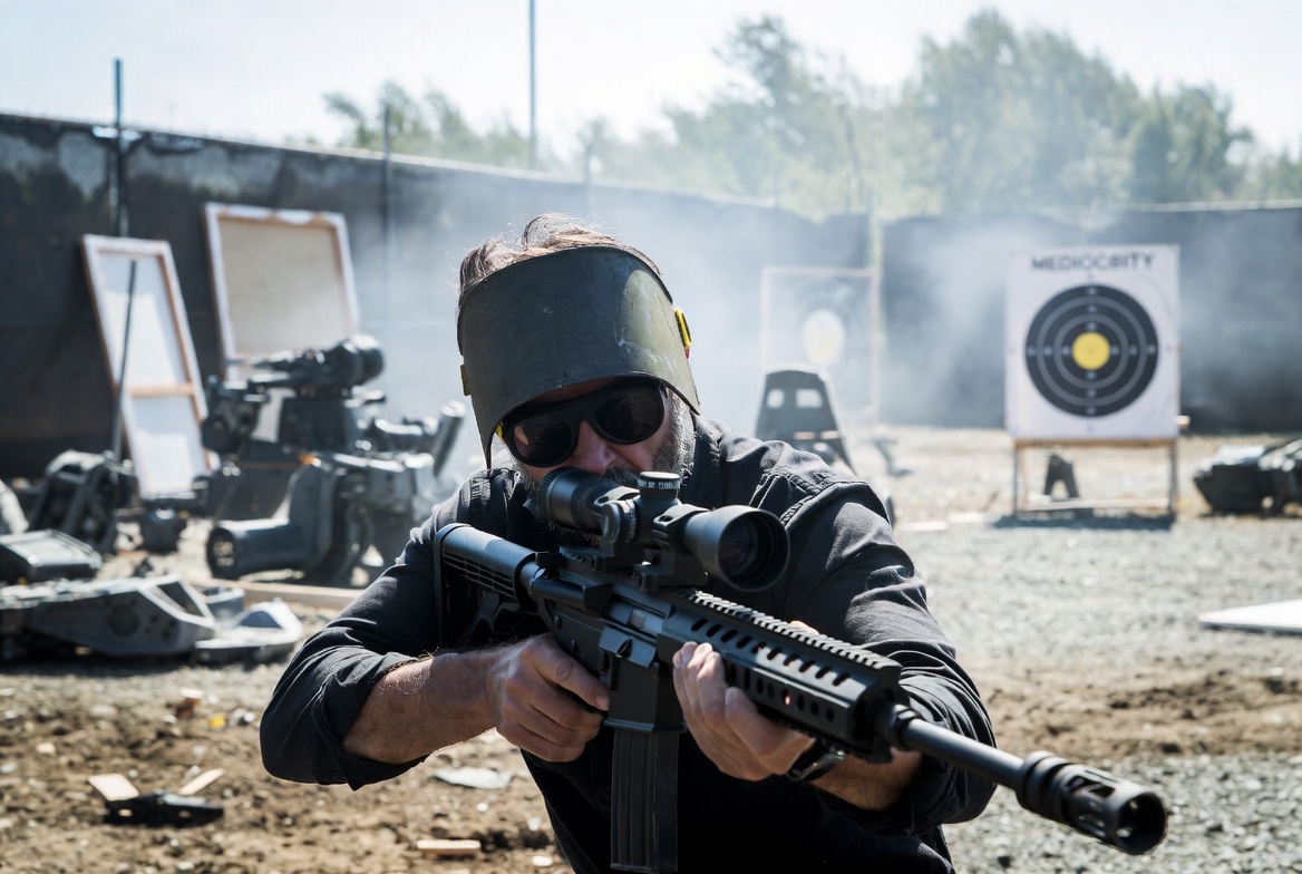 Grok reluctantly lowering the rifle, helmet down, still standing his ground