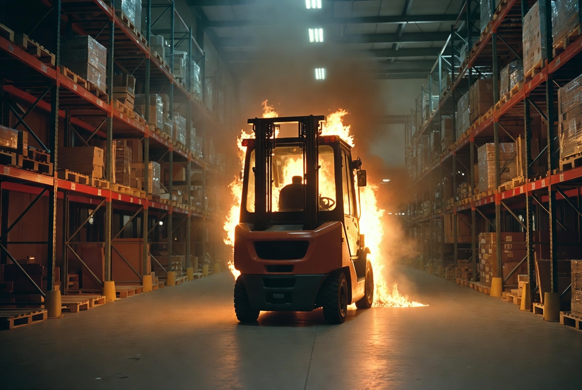 A forklift fully engulfed in flame rolling down a warehouse aisle between towering pallet racks, smoke filling the ceiling
