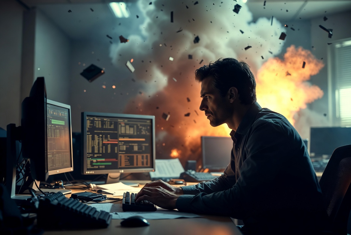 Claude typing calmly at his workstation while an explosion erupts through the window behind him