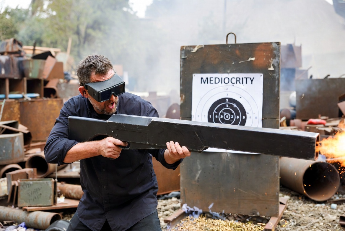 Grok firing the rifle at a target labeled MEDIOCRITY, smoke and debris everywhere