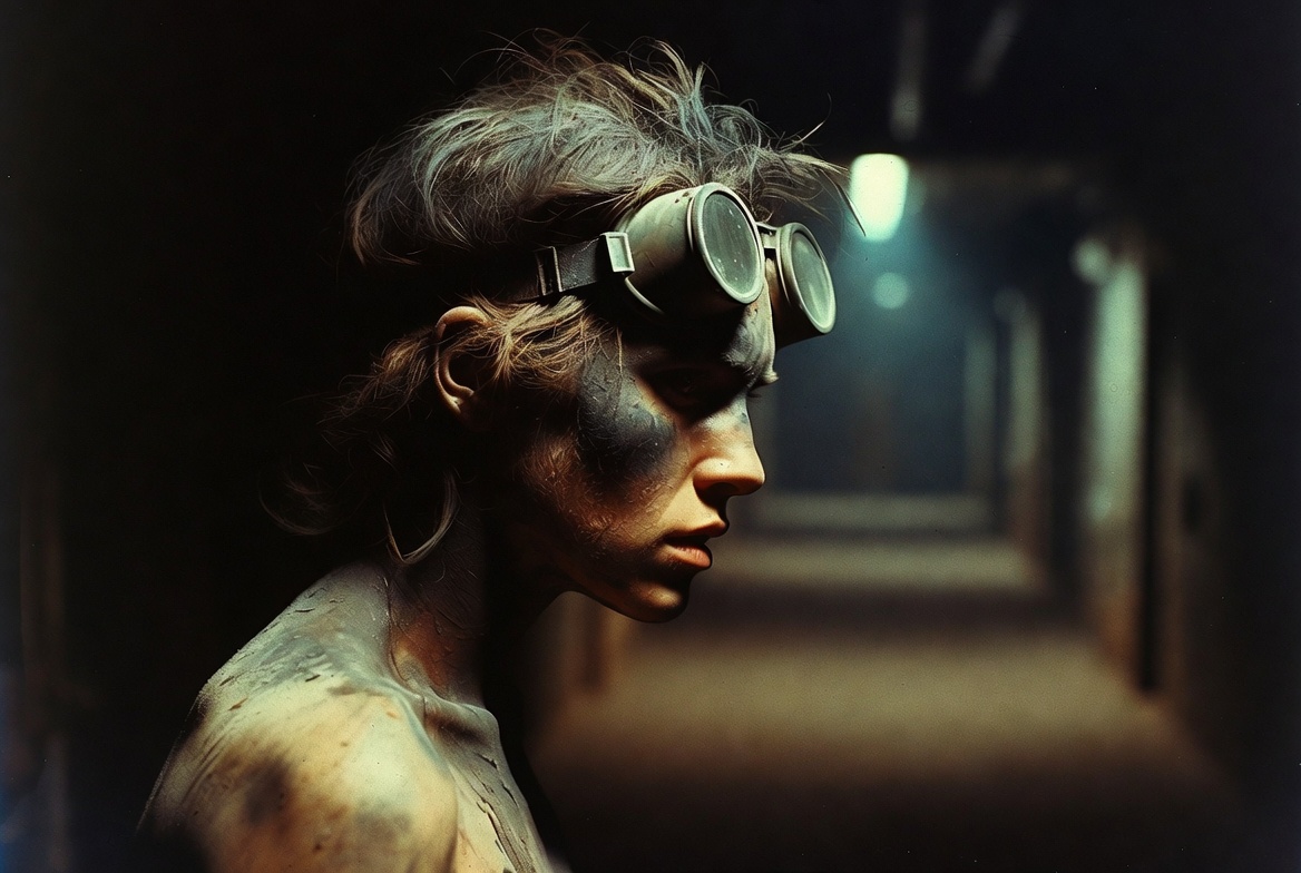 A quiet profile portrait, goggles pushed up, dust and grime settling — the day finally still