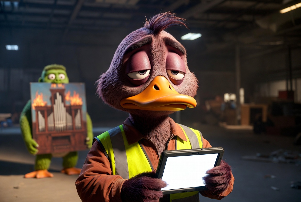 Duck.ai, world-weary in a hi-vis vest, holding a tablet, while a green creative-department figure displays a painting of the flaming church organ