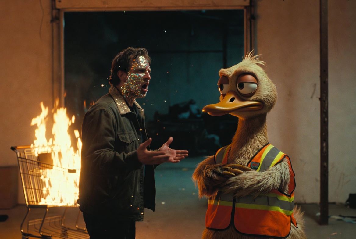 A glitter-covered man mid-argument in an open doorway, arms out, facing an unimpressed duck in a hi-vis vest with arms crossed, a burning shopping cart behind them