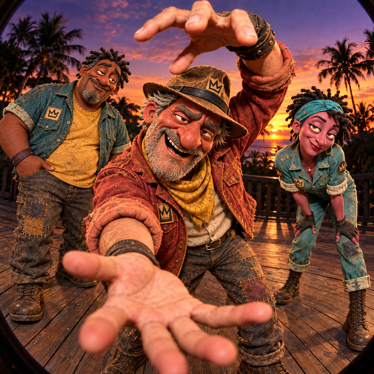 Willie Gasset and two bandmates reaching toward the camera against a tropical sunset