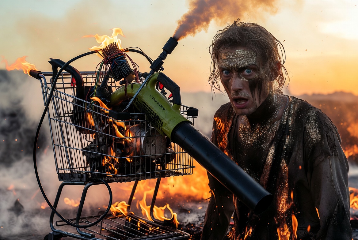 A man covered head to toe in glitter, arms thrown open, grinning into the wreckage-lit sky