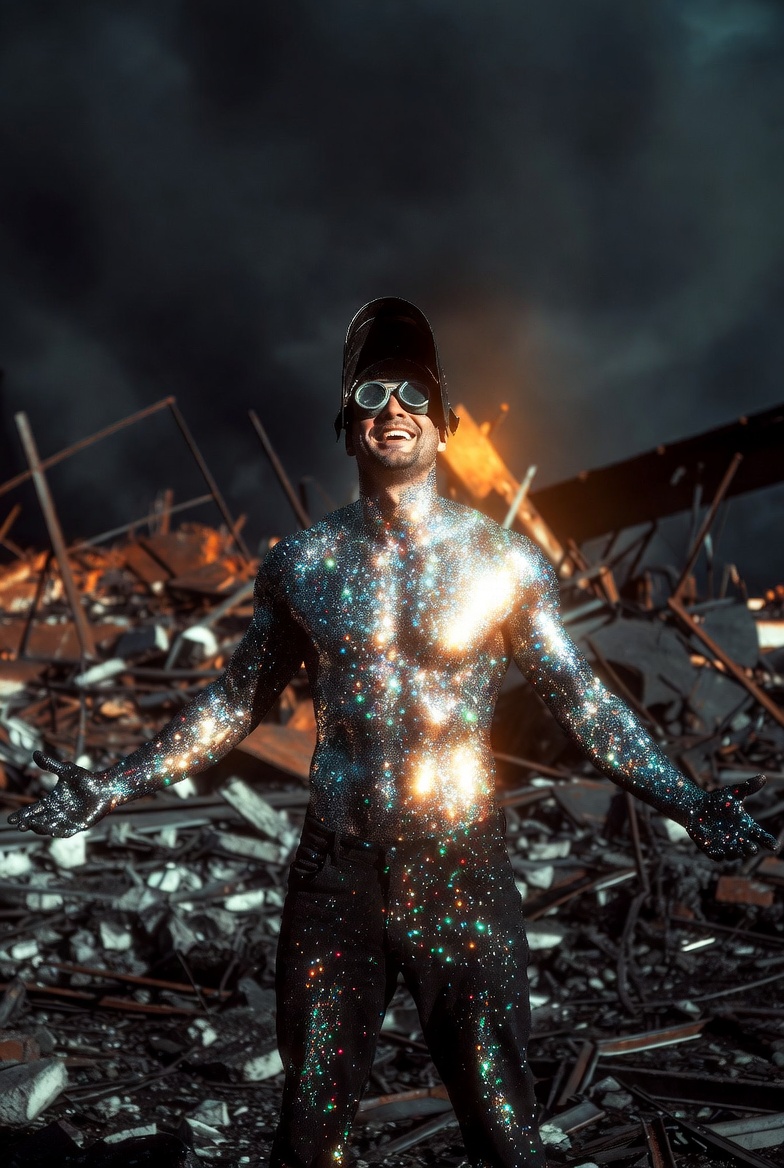 Grok, wide-eyed, standing beside the wired-together contraption as it catches fire and begins to whistle a warning